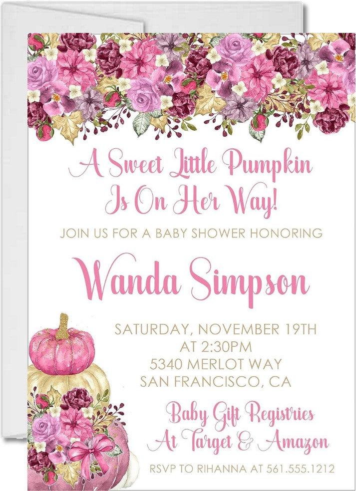 Pink Fall Pumpkin Baby Shower Invitations