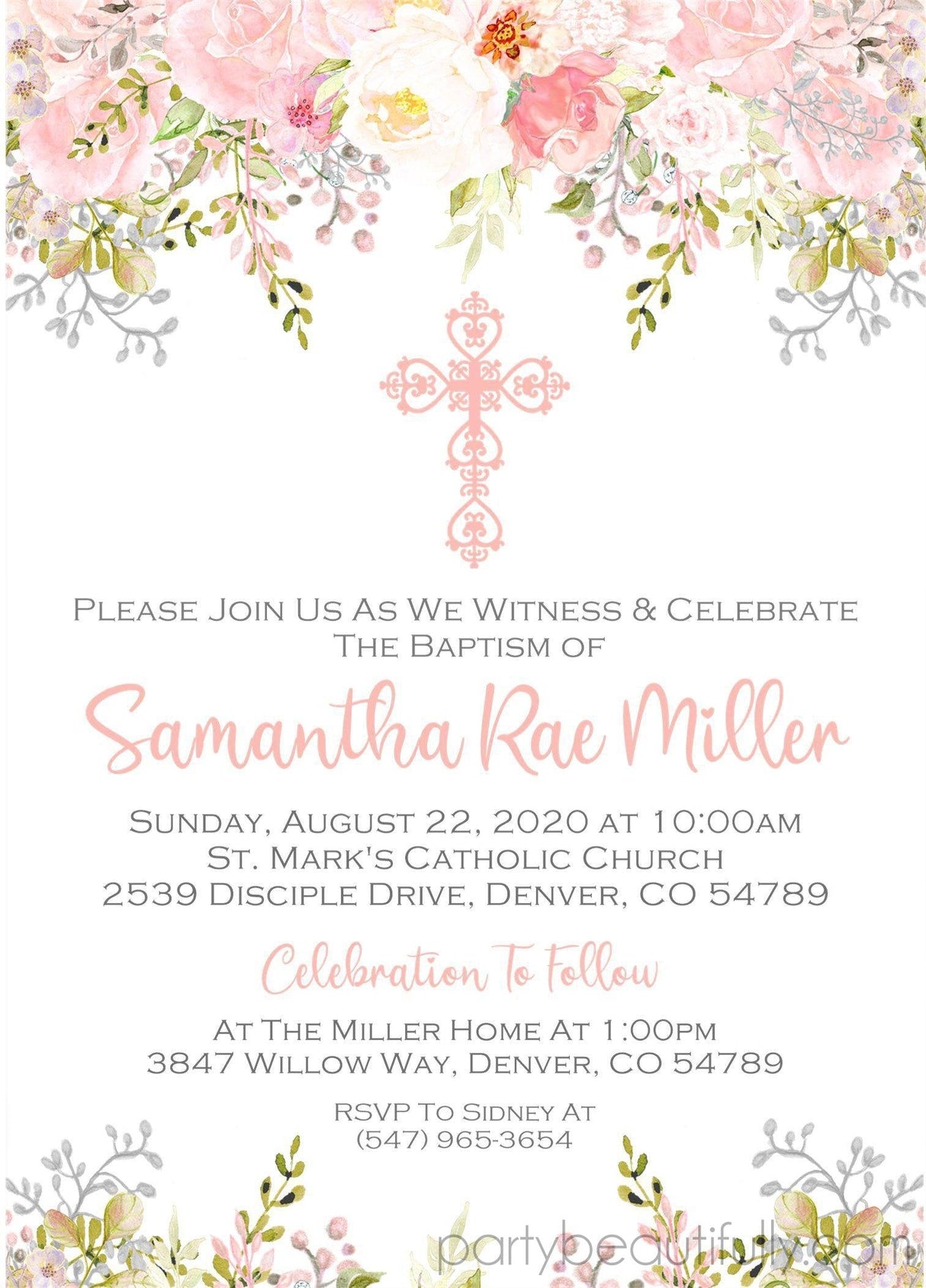 Pink Floral Baptism Invitations