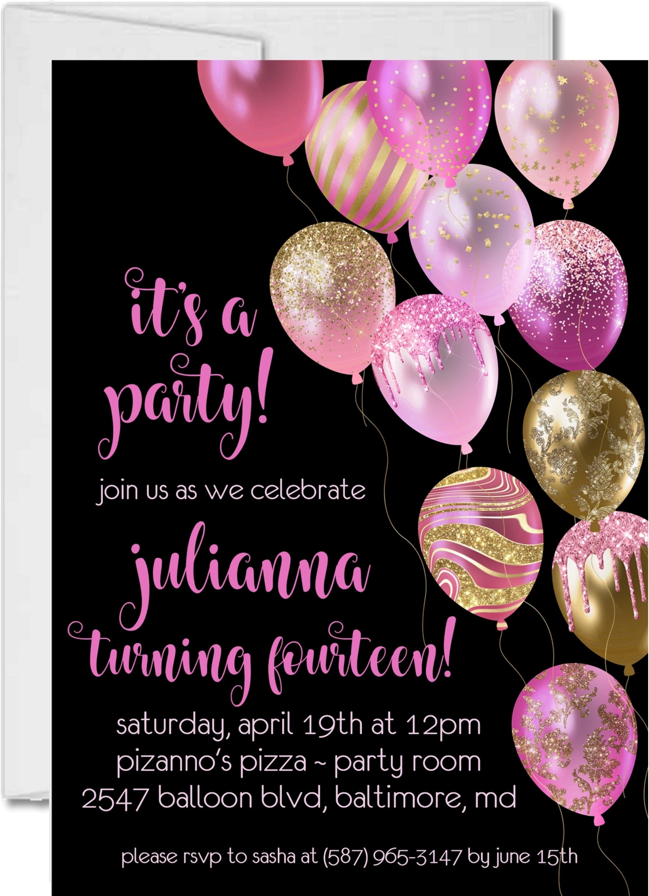 Pink, Gold And Black Balloon Birthday Party Invitations — Party Beautifully