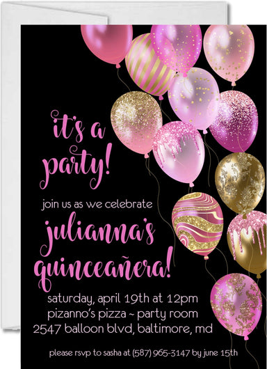 Pink, Gold And Black Balloon Quinceanera Invitations