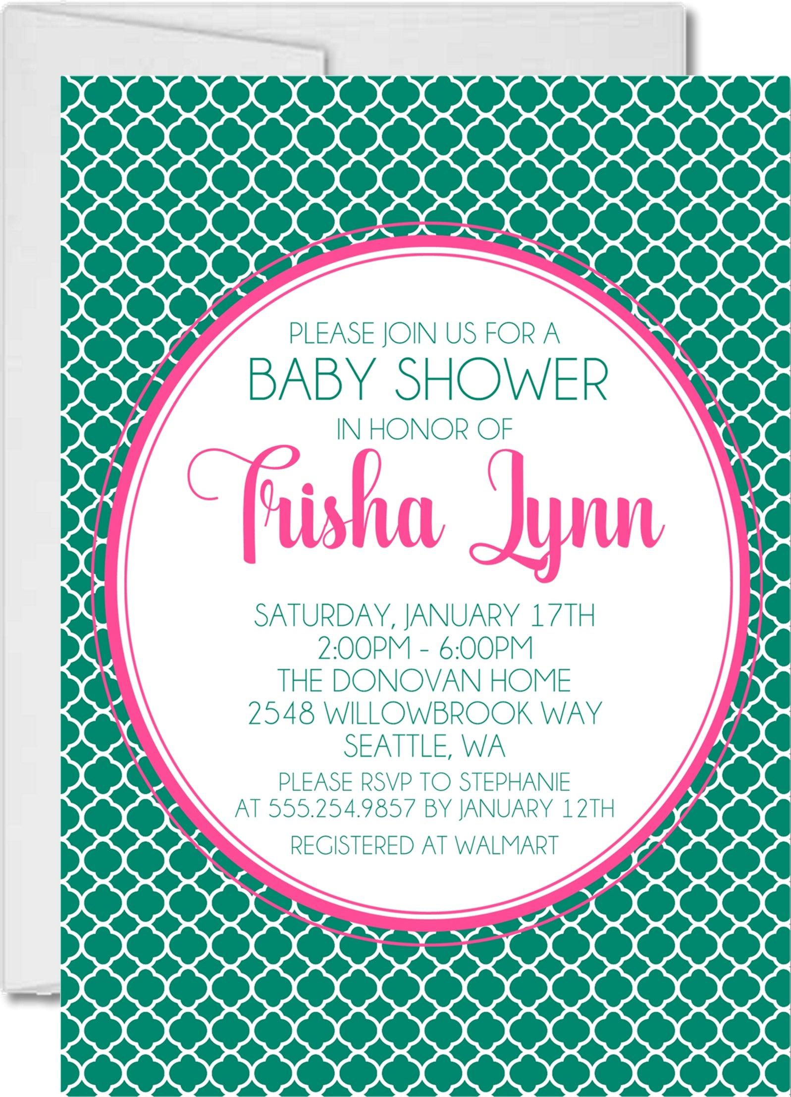 Pink & Green Quarterfoil Baby Shower Invitations