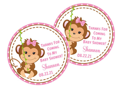 Pink Jungle Monkey Baby Shower Stickers Or Favor Tags