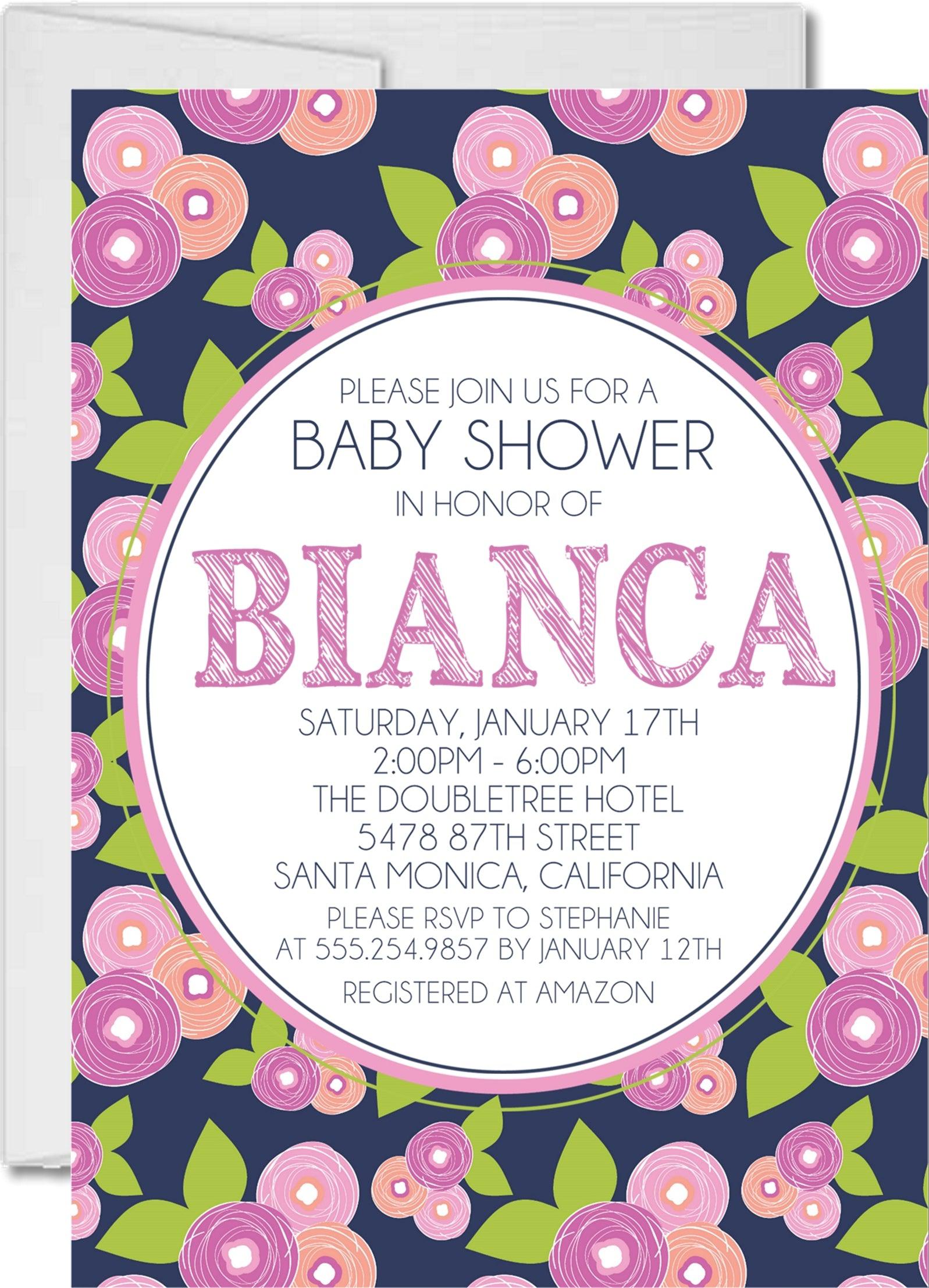 Pink, Lavender & Navy Floral Baby Shower Invitations