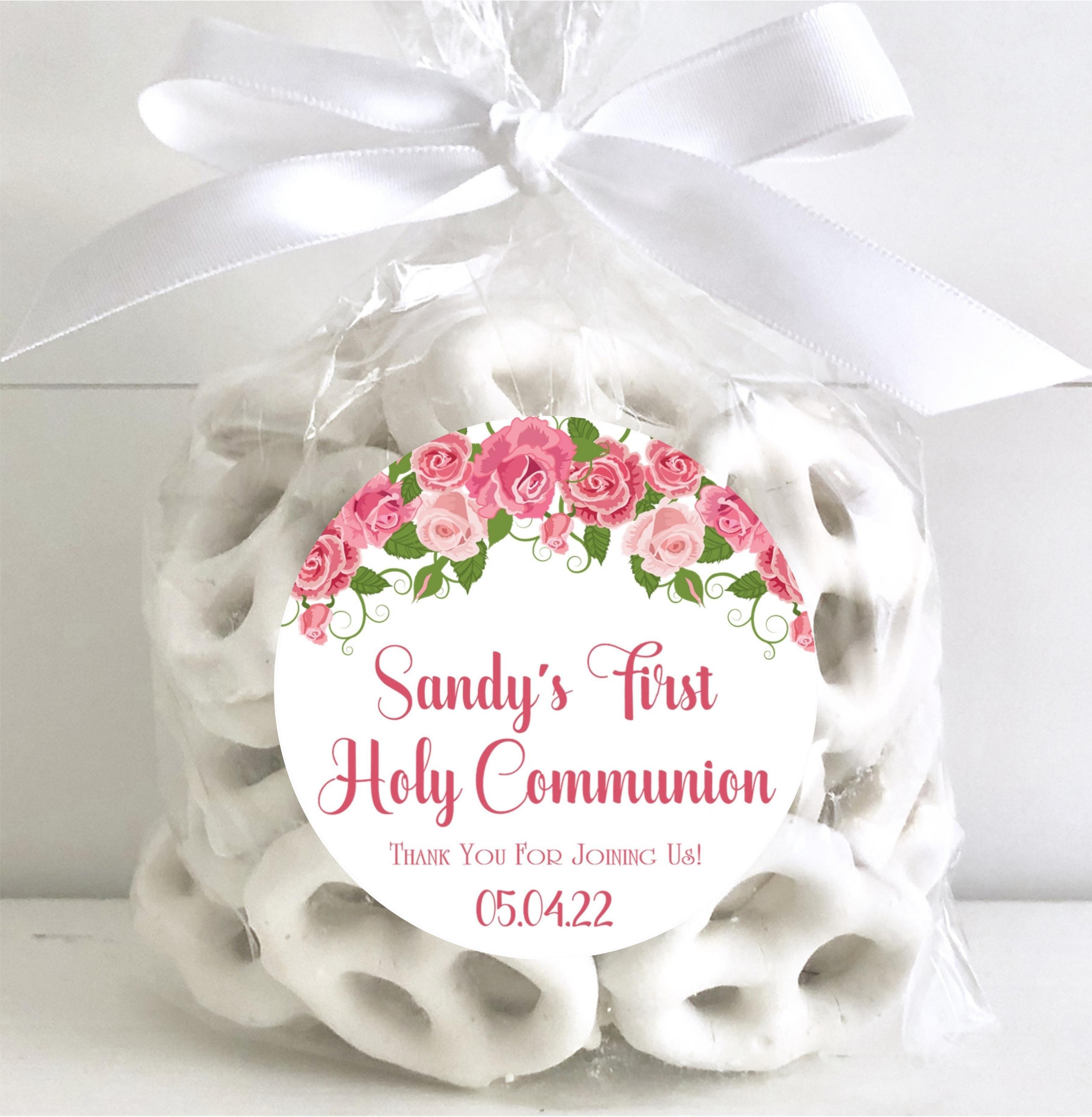 Pink Rose First Communion Stickers Or Favor Tags