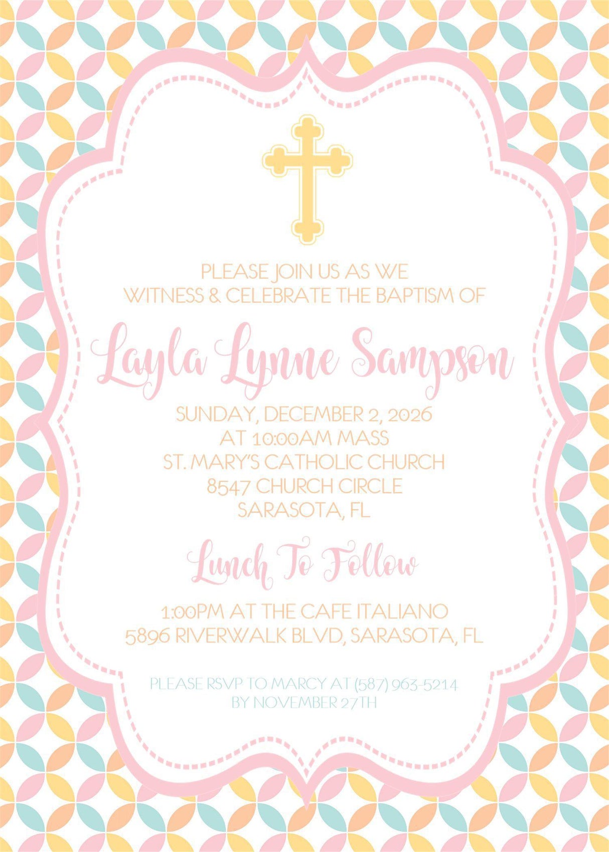 Pink, Yellow And Turquoise Baptism Invitations