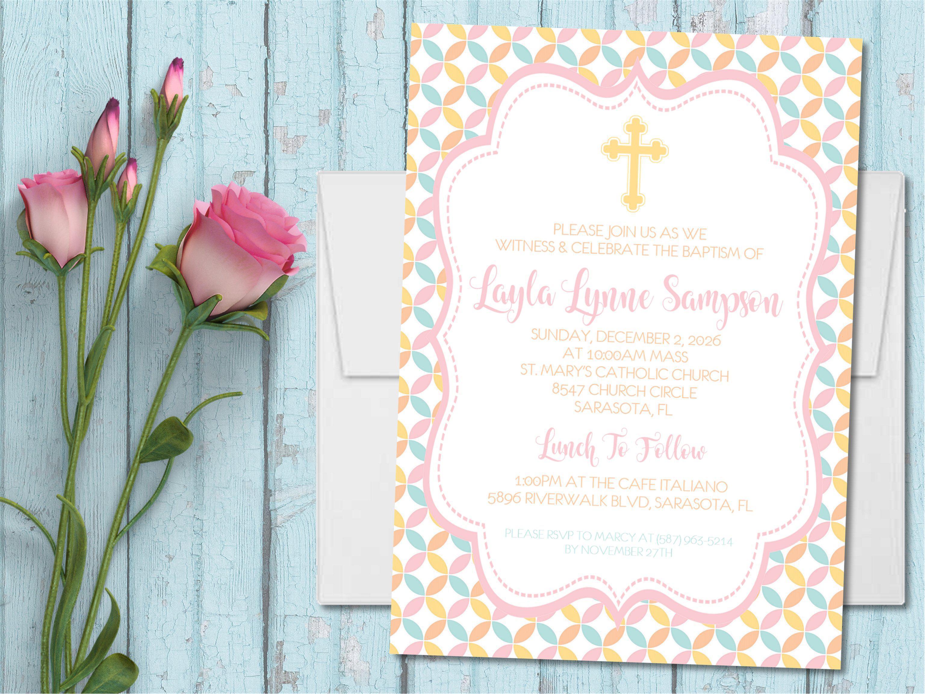 Pink, Yellow And Turquoise Baptism Invitations