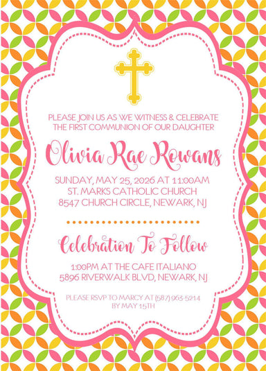Pink, Yellow, Orange And Lime First Communion Invitations