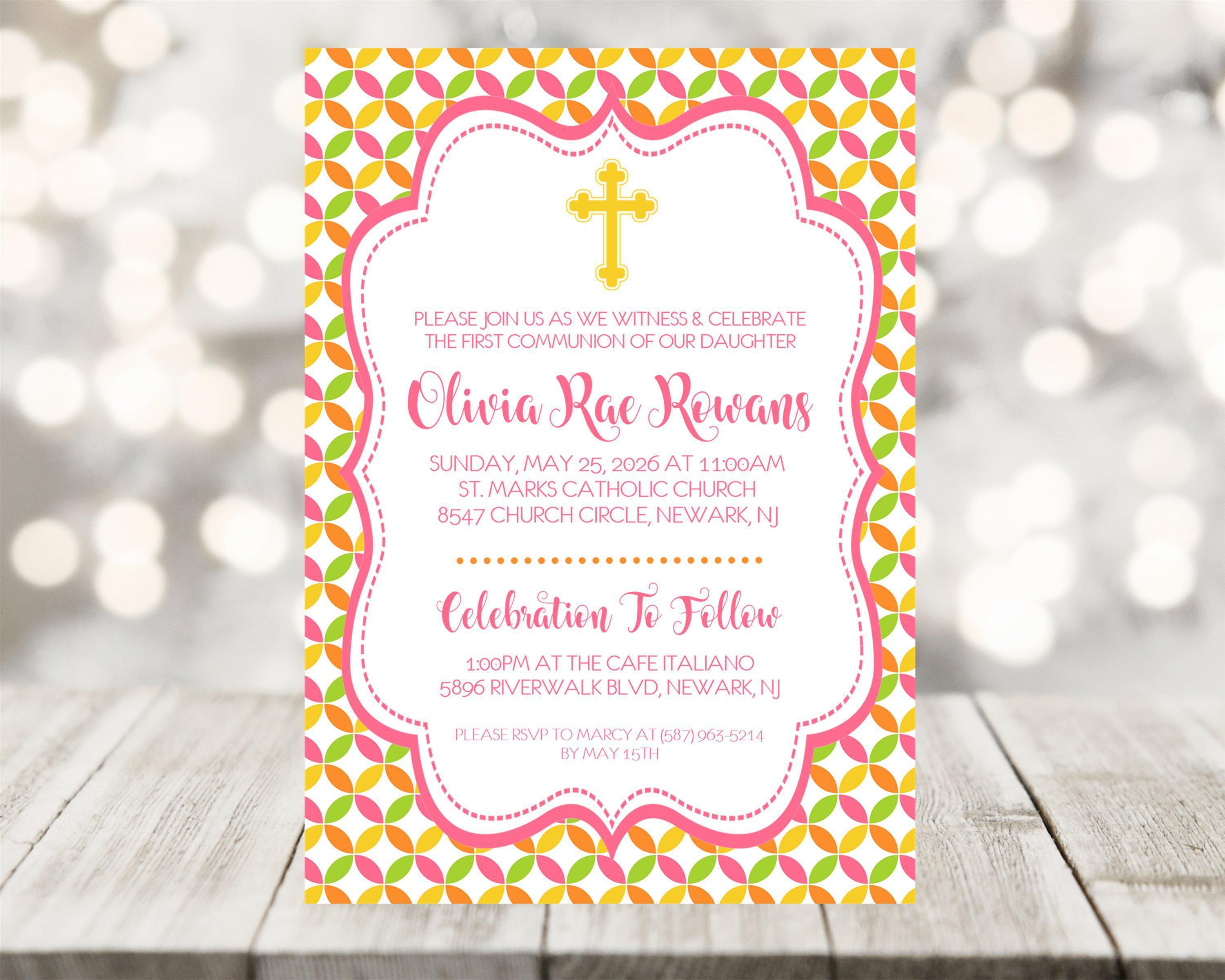 Pink, Yellow, Orange And Lime First Communion Invitations