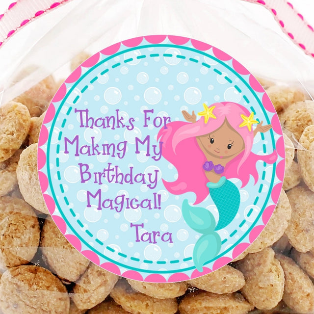 Pink-haired mermaid birthday sticker with starfish accessories and teal tail