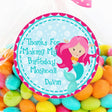 Pink-haired mermaid birthday sticker with teal fin and personalized thank you message