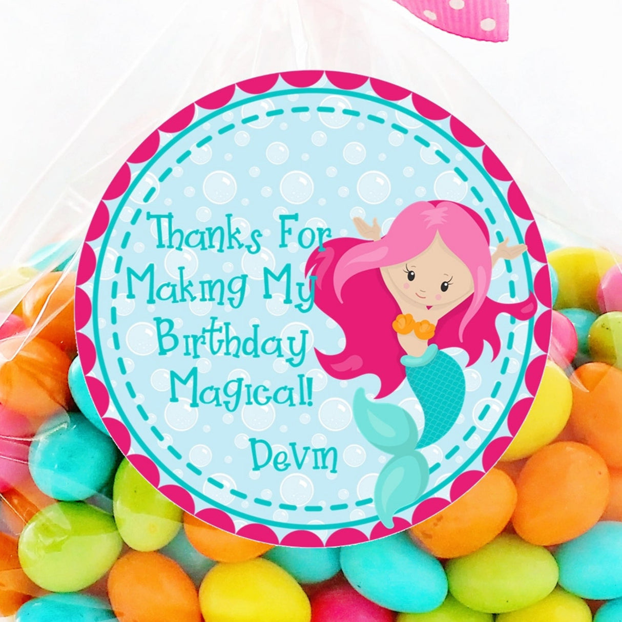 Pink-haired mermaid birthday sticker with teal fin and personalized thank you message