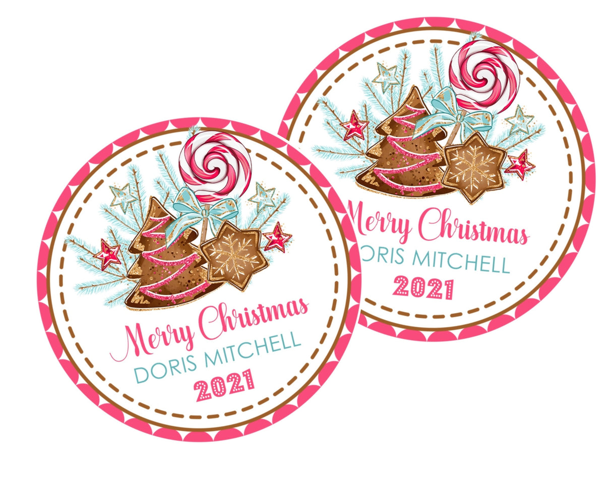 Pink Christmas cookie exchange sticker with festive cookies and candy illustration