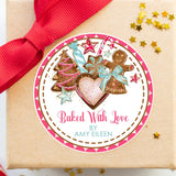 Pink Christmas cookie exchange sticker with illustrated holiday cookies