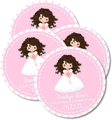 Pink Communion favor label featuring girl with rosary