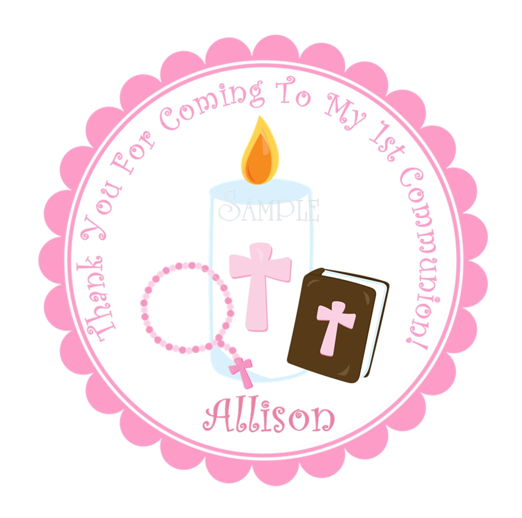 Pink Communion sticker with candle and rosary