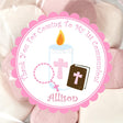 Pink First Communion sticker with candle and rosary