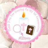 Pink First Communion sticker with candle and rosary