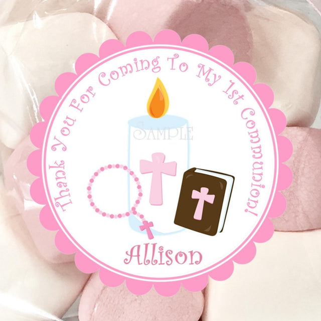 Pink First Communion sticker with candle and rosary