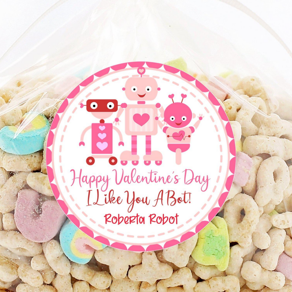 Pink I Like You A Bot Valentine sticker design with cute robots