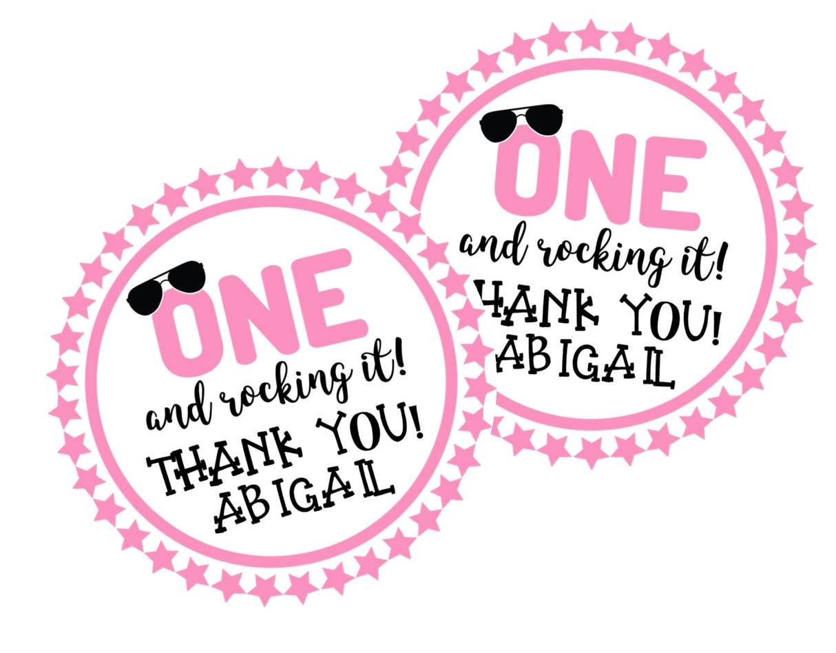 Pink “One and Rocking It” 1st birthday sticker with sunglasses
