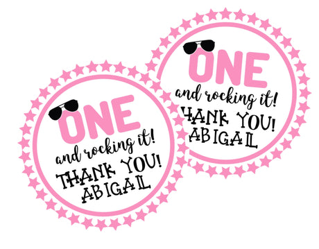 Pink “One and Rocking It” 1st birthday sticker with sunglasses