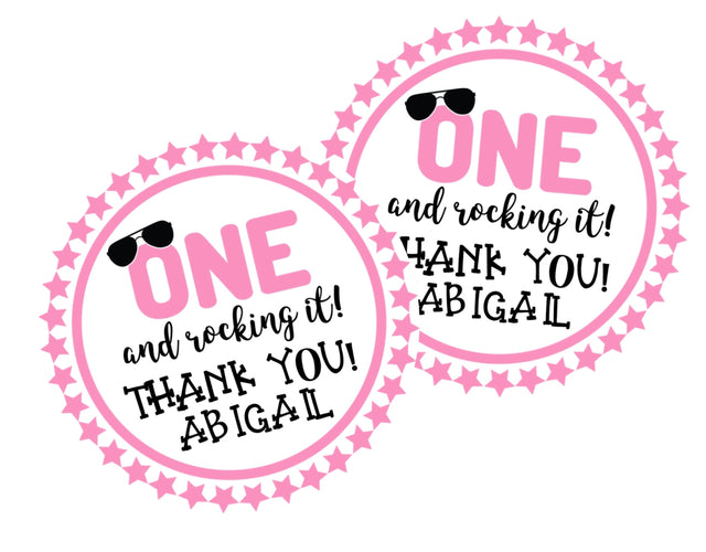 Pink “One and Rocking It” 1st birthday sticker with sunglasses