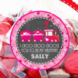 Pink Valentine train sticker with hearts and child’s name
