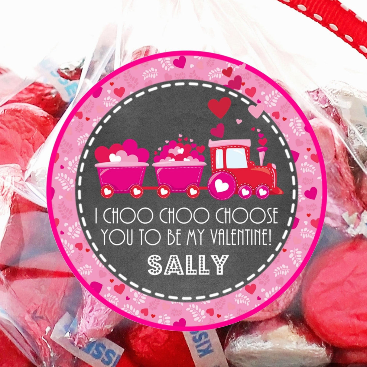 Pink Valentine train sticker with hearts and child’s name