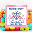 Pink anchor baby shower sticker with polka dots