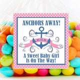 Pink anchor baby shower sticker with polka dots