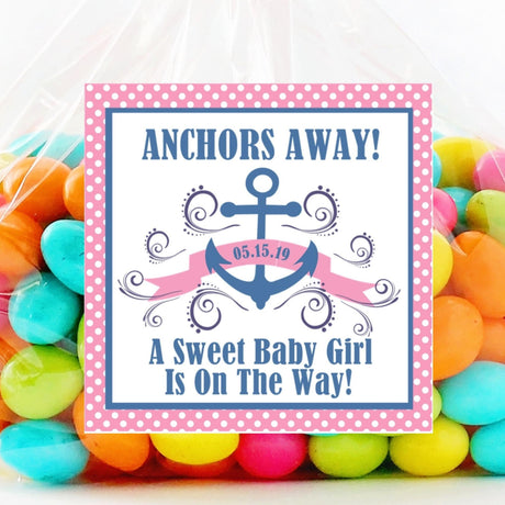 Pink anchor baby shower sticker with polka dots