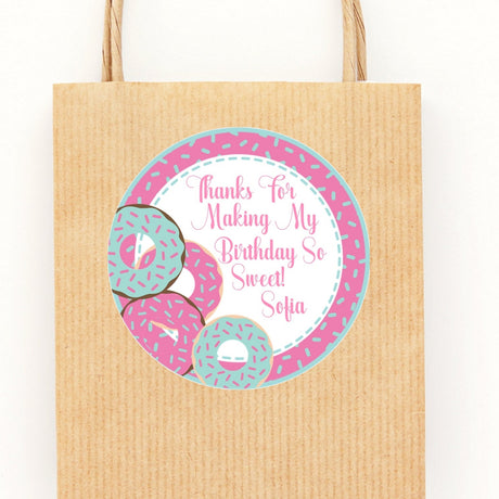 Pink and aqua donut birthday sticker with personalized name