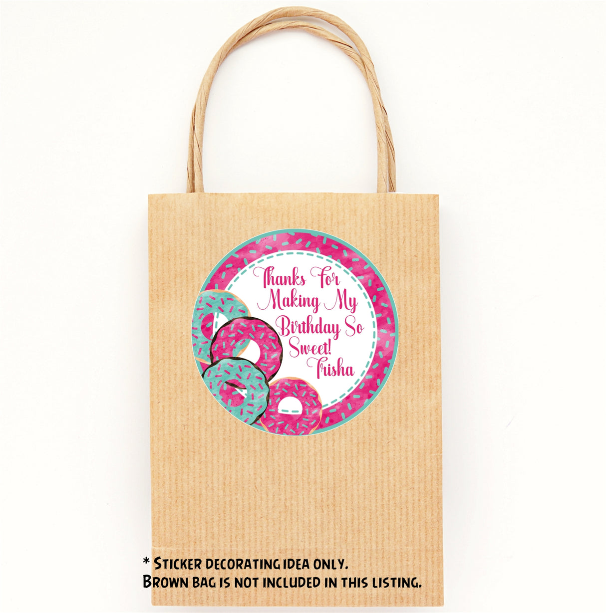 Pink and aqua donut treat bag sticker for girls birthday party
