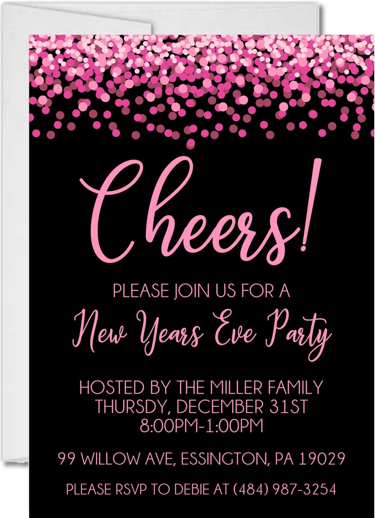 Pink and black New Year's Eve invitation with festive confetti accents and personalized event details