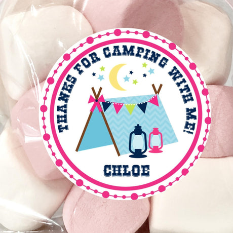 Pink and blue camping birthday sticker with tent and lanterns