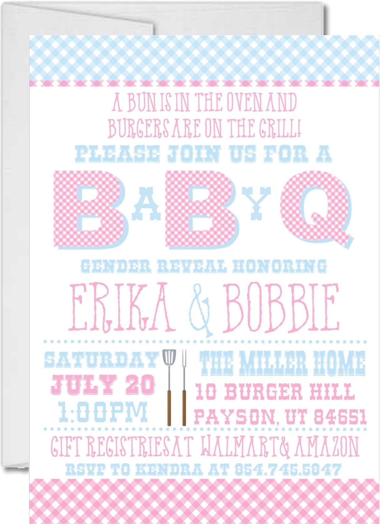 Pink and blue cookout themed gender reveal invitation