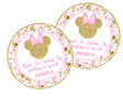 Pink and gold Minnie Mouse birthday sticker with personalized name