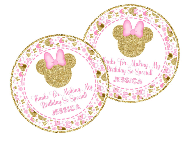 Pink and gold Minnie Mouse birthday sticker with personalized name
