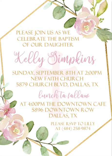 Pink and gold floral baptism invitation with geometric frame