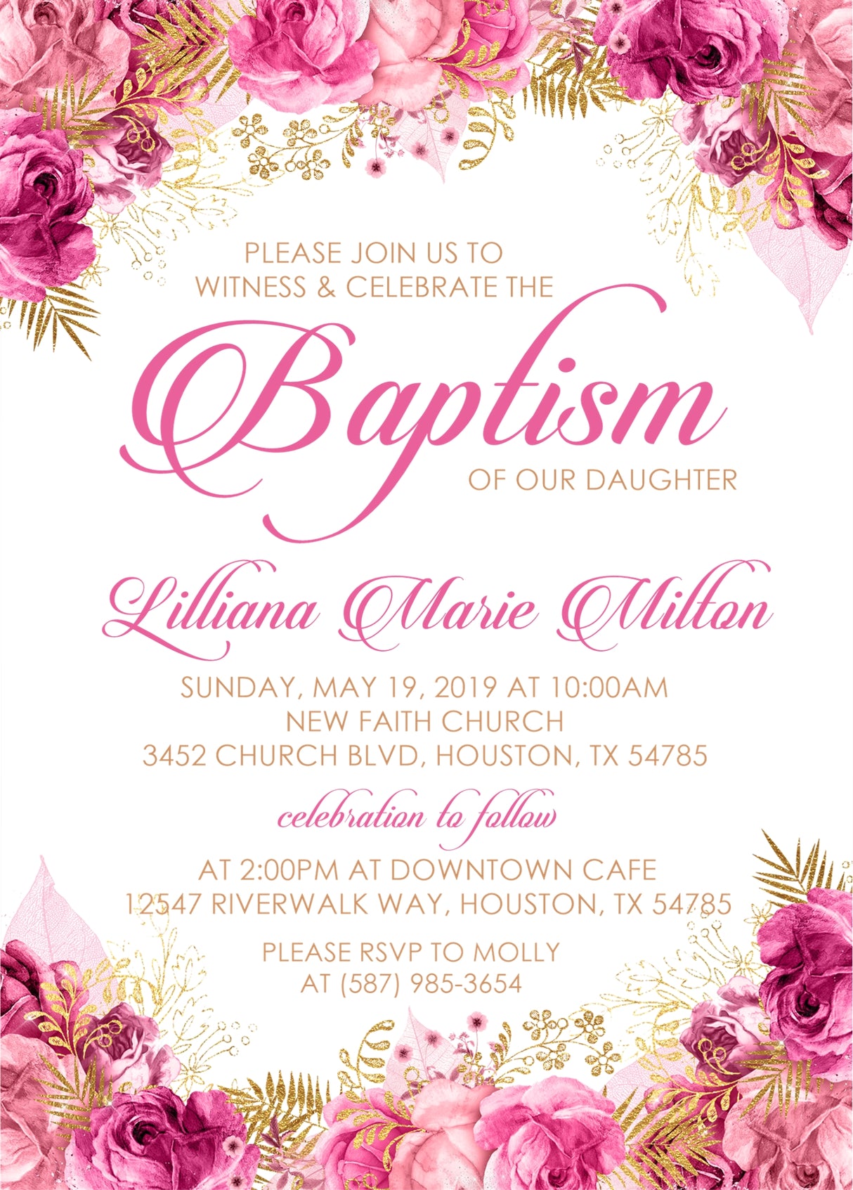 Pink and gold floral baptism invitation with watercolor roses and gold accents