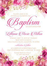 Pink and gold floral baptism invitation with watercolor roses and gold accents