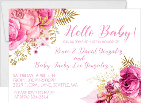 Pink and gold floral sip and see invitation with hello baby design