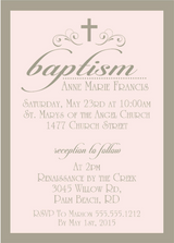 Pink and gray baptism invitation with script lettering and cross design