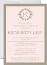 Pink and gray christening invitation with monogram wreath design