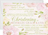 Pink and green floral baptism invitation with watercolor flowers
