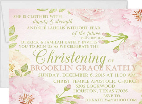 Pink and green floral baptism invitation with watercolor flowers