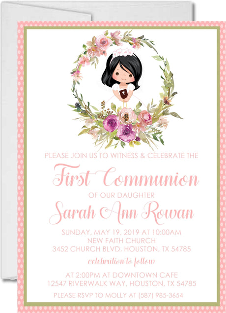 Pink and green floral first holy communion invitation with girl character
