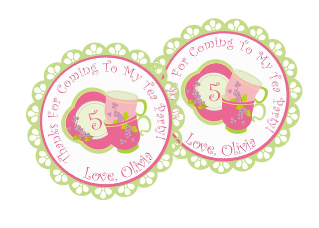 Pink and green floral tea party birthday sticker with stacked teacups