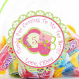 Pink and green teacup birthday label with custom name