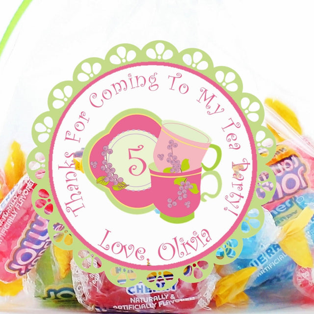 Pink and green teacup birthday label with custom name